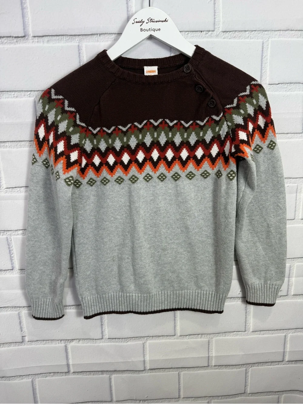 Gymboree Boys Fair Isle Sweater Size 8 Gray Brown Cotton Knit